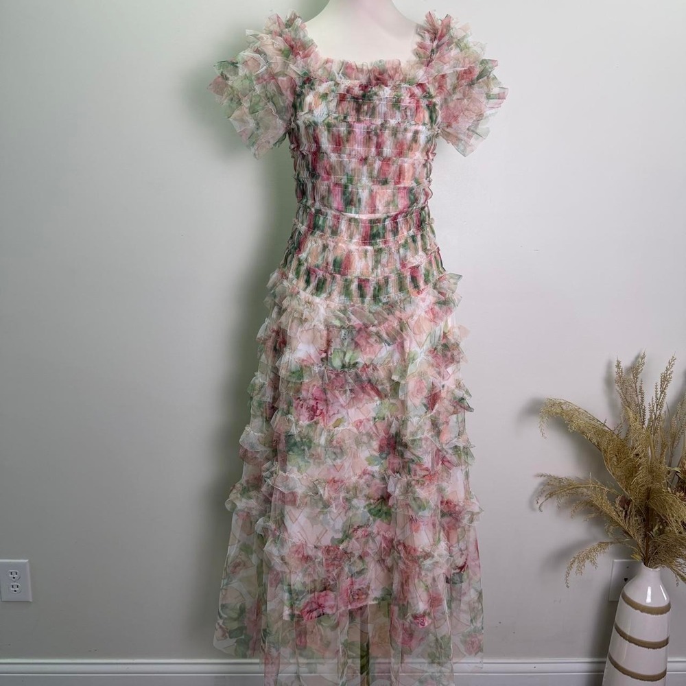 NWT Miss Rosier Floral Tulle Smocked Tiered Ruffle Maxi Dress (S)